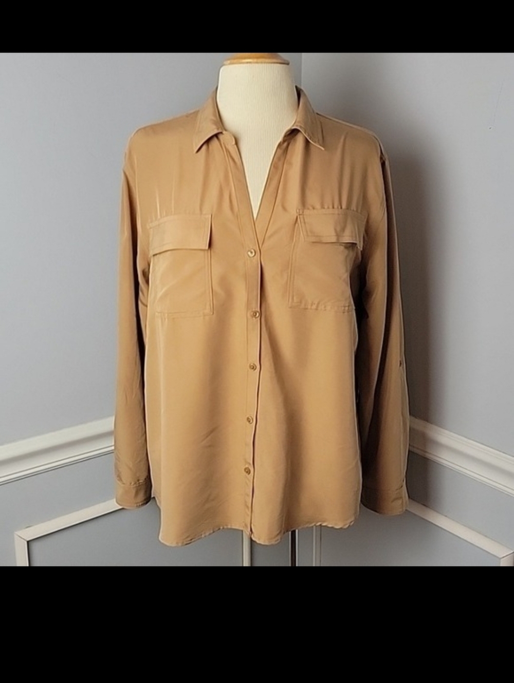OLD NAVY Camel Brushed Faux Silk V-Neck Flap Patch Pocket Casual Button Up Top L